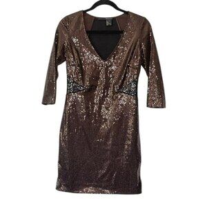 Jay Godfrey Sequin Mini Dress Plunge Neck 3/4 Sleeves Size 4 Brown Black Holiday